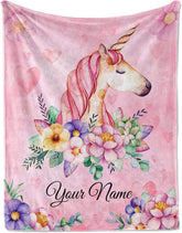 Personalized Custom Unicorn Blanket with Name Gifts for Kids Girls Toddler Birthday Christmas Souvenir Home Bedroom Decor Soft Cozy Lightweight Floral Throw Blankets