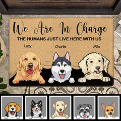 We Are In Charge The Humans Just Live Here With Us Personalized Dog Doormat DM-NN741