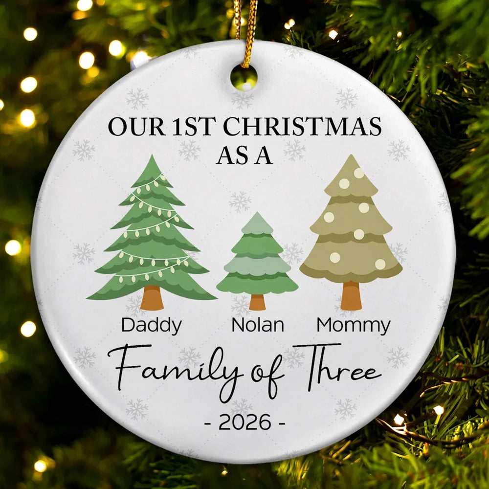 First Christmas As A Family Of Three - Personalized Circle Ceramic Ornament