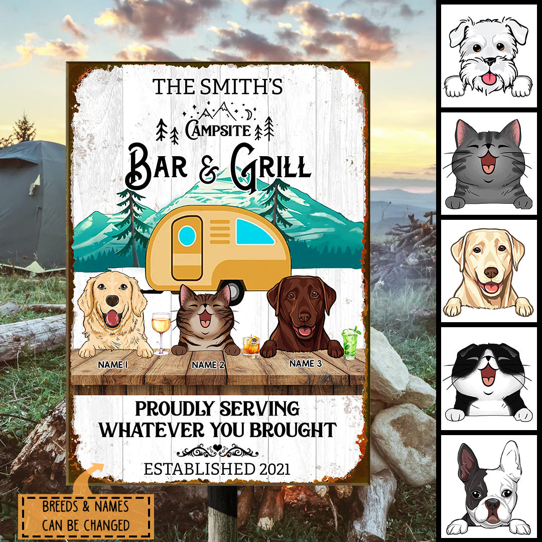 Campsite Bar & Grill Proudly Serving Whatever You Brought, Camping Sign, Personalized Dog & Cat Metal Sign