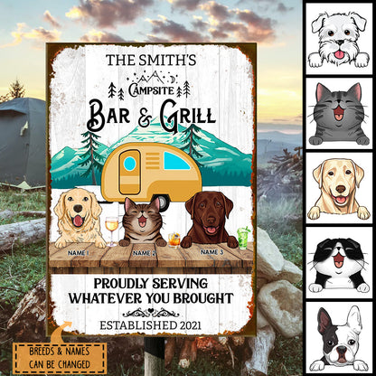 Campsite Bar & Grill Proudly Serving Whatever You Brought, Camping Sign, Personalized Dog & Cat Metal Sign